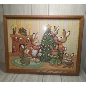 Vtg 80s Finished 3D Quilted Needle Craft Bunny Rabbit Family Christmas Framed